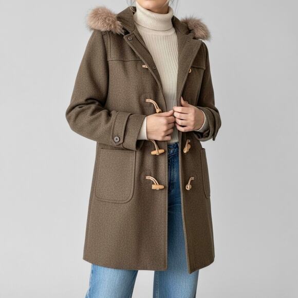 J Crew Wool Duffle Toggle Coat Parka S Shearling Fur Insulated Heritage Green - Picture 3 of 12